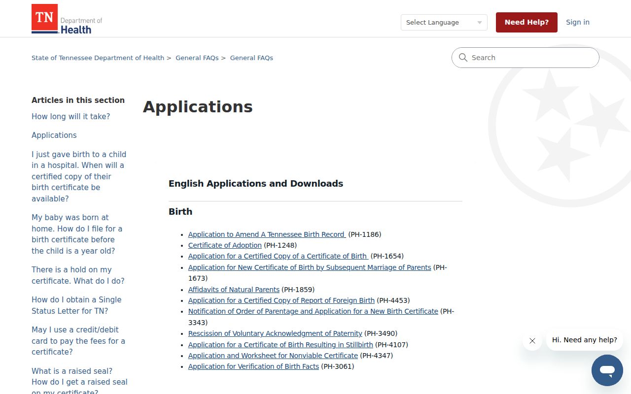 Collierville resident lookup reference to Tennessee Vital Records application forms